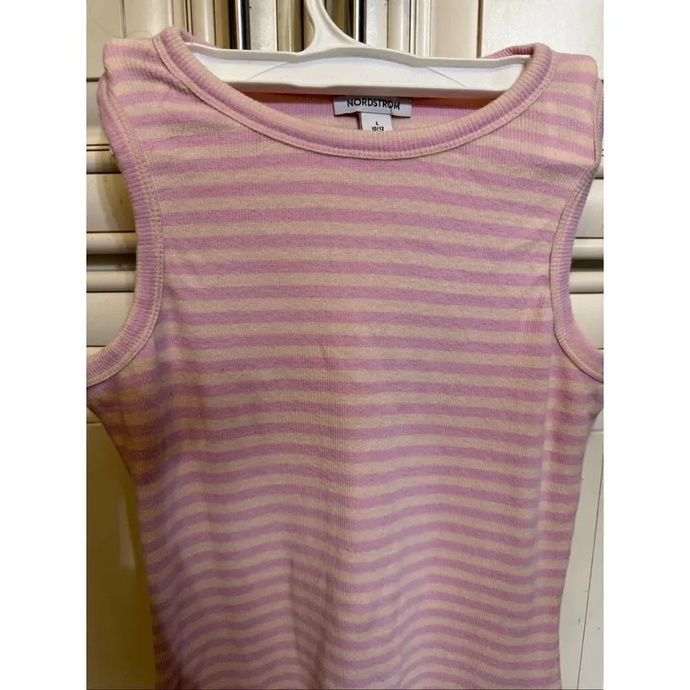 Nordrstrom Girls Striped Ribbed Stretch Sleeveless Tank Dress Pink Tan Sz 10/12